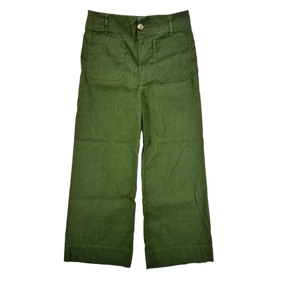 Maeve Colette Pants Women's 31 Green Linen Blend Crop Wide Leg Casual Chic - Picture 2 of 15